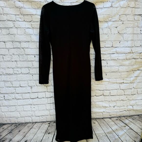 Abercrombie & Fitch Dress Black Long Sleeves Ruched Mesh Midi Key Hole Fitted L - Picture 2 of 10